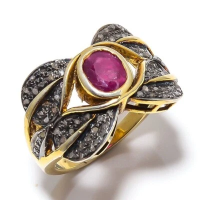 925 Sterling Silver Ring Studded With Natural Ruby & Pave Diamond Jewelry Gift - Image 1 of 4