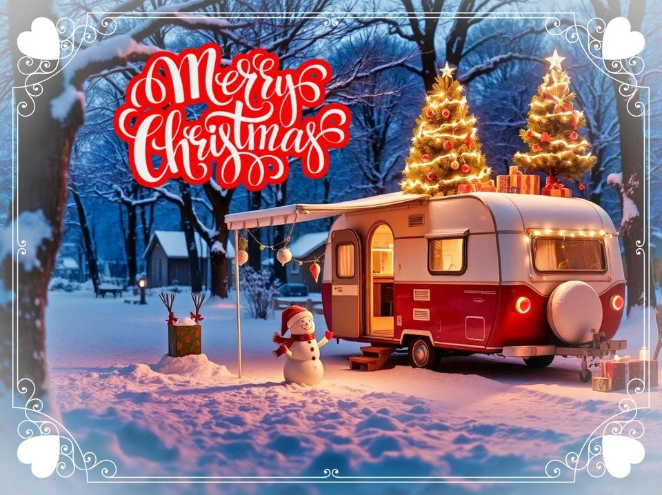 TRENDING TEXTILES Christmas Greeting Card Xmas A5 Blank Seasonal Cards Caravan Caravans Snowman Uk