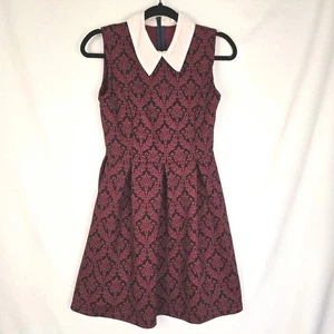 Woman Dress Medium Red Fit Flare Peter Pan Collar Mini Tapestry Dark Academia - Picture 1 of 14