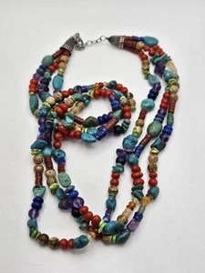 Vintage Southwestern Sterling Silver Multi Gemstone Beaded 3 Strand Necklace - Picture 1 of 17