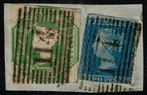 1847 1/- Green SG55 4m + 2d Blue Crisp Dundee 114 on Piece VGU Cat. £1,100.00 - Picture 1 of 1