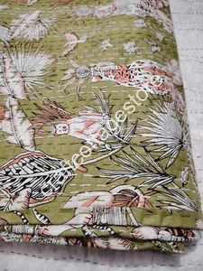 Green Beautiful Jungle Kantha Hand Block Print Bedspread Handmade Quilt King - Picture 1 of 6