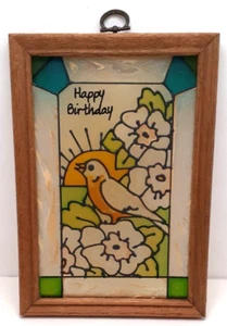 Stained Glass Window Panel Wooden Frame 10x7 Bird Flowers Happy Birthday Vintage - Picture 1 of 6