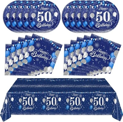 Vajilla de papel azul marino y plata 50 cumpleaños feliz cumpleaños fiesta plato... Foto 1 de 4