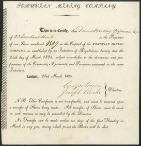 Peruvian Mining Company, eine Aktie, London 1825, vz und seltenes frühes Stück - Bild 1 von 1