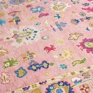 Modern Oushak Hand Knotted 10x14 Pink Floral Rug for Home Flooring Carpets - Picture 1 of 7