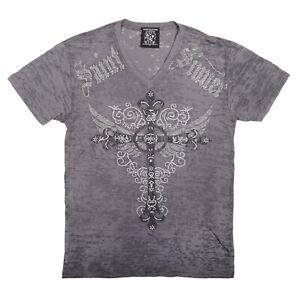 Anthony Vega Saint Sinner Cross Wings Burnout Bejeweled Rhinestone Shirt Men's M