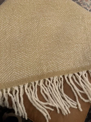 WEST ELM 58X70” HERRINGBONE BLANKET Wool Blend Throw Soft Tassels Tan/White LRG - Image 1 of 4