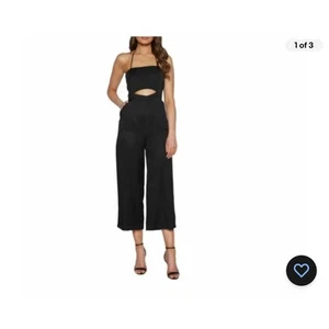 Bardot Black Halter Top Wide Leg Cropped Cut Out Jumpsuit Size 8 Linen Blend - Picture 1 of 16