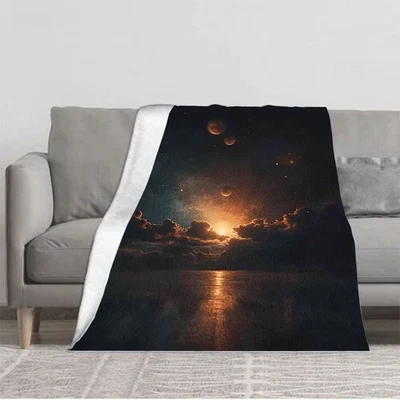 Cozy Flannel Blanket with Celestial Night Sky Design - Soft Warm Perfect  - Image 1 of 4