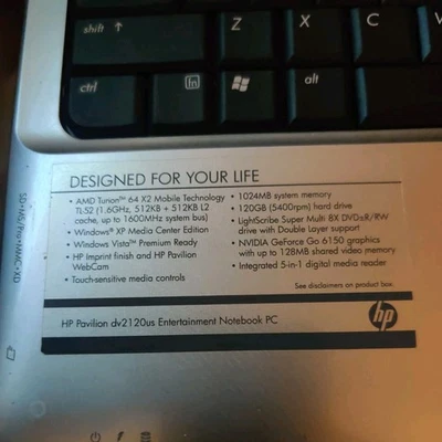 HP Pavilion DV2120us Laptop w/ AMD Turion 64 X2 TL-52. 120GB HDD, 1GB ram.  - Image 1 of 4
