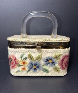 Purse Lucite Handle Needlepoint Purse 8" X 5" X 4" Multi Color Vintage - Picture 1 of 10