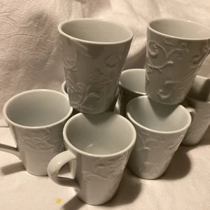 Bella Faenza Corelle Cordinates 8 Porcelain Coffee Mugs Embossed Floral 4" White - Picture 1 of 7