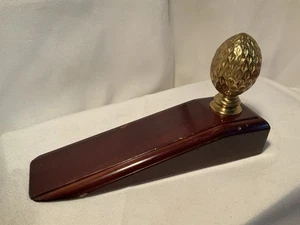 Vintage Brass Pine Cone Holding Door Stop with Mahogany Colored Wood Wedge - Picture 1 of 11