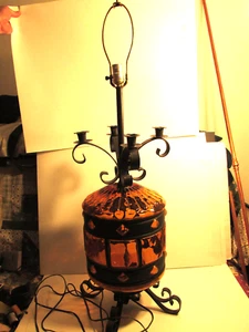 1920S STYLE WROUGHT IRON AMBER BLOWN GLASS SPANISH REVIVAL & CANDLE TABLE LAMP  - Picture 1 of 24