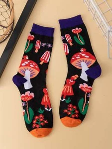Mushroom Pattern Crew Socks Silly Socks for Women Funky Socks Funny Socks - Picture 1 of 7