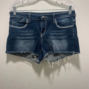 Red Rivet Denim Jean Shorts Size 13 Distressed Stretch Bling Embroidery Raw Hem - Picture 1 of 7