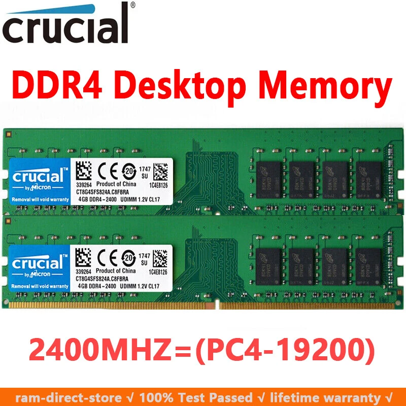 Crucial DDR4 8GB 2400Mhz PC4-19200 288pins Desktop Memory Dimm Ram 2X4GB - Image 1 of 4