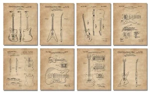 Guitar Lovers Gifts Patent Print Set di 8 stampe artistiche vintage 8x10 chitarre uniche - Foto 1 di 19