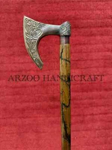 AXE HEAD HANDLE WALKING STICK CANE SOLID BRASS HANDLE WOODEN STICK NEW - Picture 1 of 8