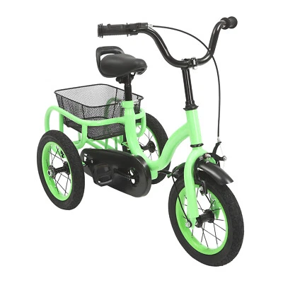12 Zoll Dreirad Stahl 3 Räder Fahrrad Für Kinder Trike mit Einkaufskorb Grün DHL - Bild 1 von 4