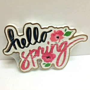 Letrero de madera recortado HELLO SPRING decoración floral azul marino/rosa/dorado/blanco granja - Imagen 1 de 2