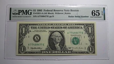 $1 1995 Radar Serial Number Federal Reserve Currency Bank Note Bill PMG UNC65EPQ - Image 1 of 3