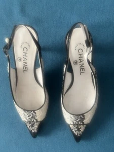 Chanel Vintage Tweed White And Black Kitten Heel Slingbacks Size 36 - Picture 1 of 10