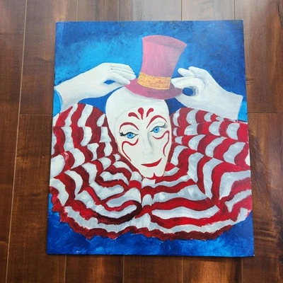 Original Clown Canvas Board Art Painting 20" x 24" Purple Top Hat Red White Blue - Image 1 of 4