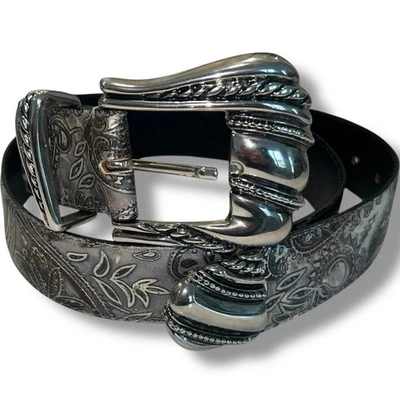 Cinturón Nanni 38 Vintage Negro Tono Plata Tachonado Italia Malla Paisley Occidental Foto 1 de 4