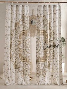 Boho Mandala Curtain Panels Cotton Gold White Bohemian Living Room Window Drapes - Picture 1 of 11