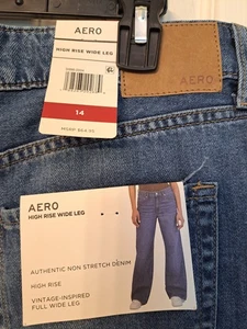 Pantalones de mezclilla para mujer AERO tiro alto, pierna ancha, inspirados en la colección, lavado mediano talla 14 NUEVOS CON T - Imagen 1 de 7