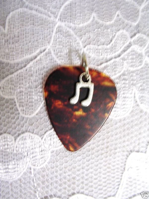BROWN GUITAR PICK DOUBLE MUSIC NOTE PENDANT NECKLACE - Image 1 of 1