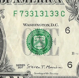 Billete de dólar número uno serie trinario de lujo cinco de una clase 3s F733133C - Imagen 1 de 11