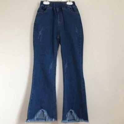 Niñas Pequeñas Cintura Alta Acampanada Pierna Dobladillo Crudo Tirar de Denim Azul Jeans Foto 1 de 4