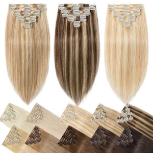 100% Clip in Real Remy Human Hair Extensions Full Head Long Weft Ombre Balayage - Picture 1 of 45