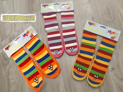 Kinder Mädchen Jungen Hüttenschuhe Hausschuhe Ledersohle Ringel Motive