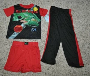Summer Pajamas 3 Pc SQI Planet Earth Frog Shirt Shorts Pants Red Black Boys-sz 4 - Picture 1 of 4