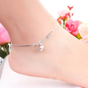 925 Silver Anklets For Women Ankle Bracelet Barefoot Sandals Jewelry Heart Charm - Picture 1 of 9