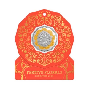 2024 RED - Festive Florals Christmas Decoration 50c Colour Uncirculated Coin - Picture 1 of 2