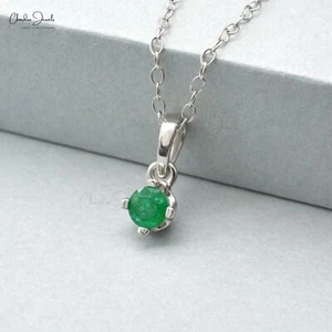 4mm Round Cut Emerald Solitaire Pendant Handmade 14k White Gold Pendant For Her - Picture 1 of 9