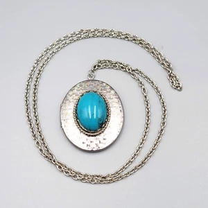 Vintage großes Medaillon Anhänger Halskette blau Acryl Cabochon 26" - Bild 1 von 8