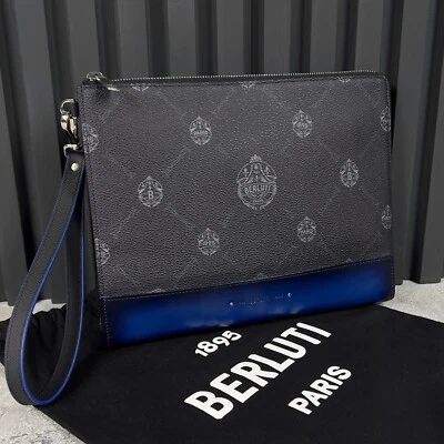 Холщовый и кожаный клатч Berluti Nino GM держатель для документов черный синий - Изображение 1 из 4
