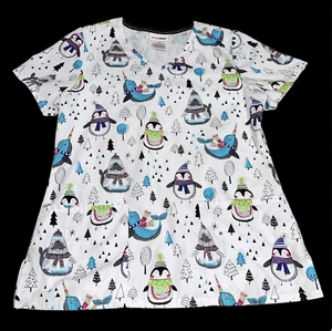 Scrub Top Holiday Christmas Winter Wonderland Penguins Narwhal Penguin Sz Small  - Picture 1 of 7