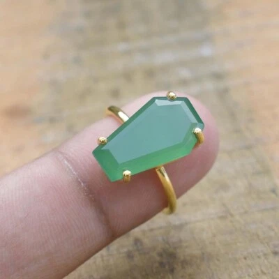 18K Oro Verde Onice Bara Gemma Anello 925 Argento Sterling Appariscente Regalo - Immagine 1 di 4