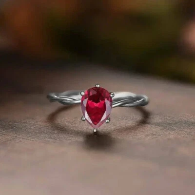 1.50 Ct Pear Red Ruby Diamond Solitaire Engagement Ring 14K White Gold Over - Image 1 of 4