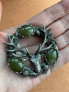 Vintage Miracle Brooch, Celtic Scottish Stag, Large 5cm Cloak Pin, Glass Agates - Picture 1 of 8