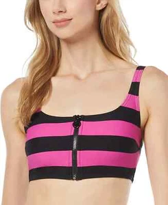 Michael Michael Kors Striped Zip-Front Bikini Swim Top, Black/Pink, S, M - Picture 1 of 4