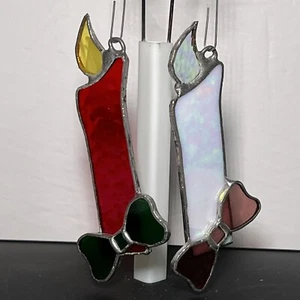 Vintage Stained Glass Suncatcher Candle and Bow Christmas Tree Ornaments - Picture 1 of 7