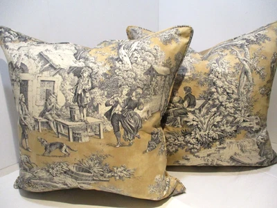 French Country Toile Pillow Covers, Lutece Onyx, Tan &Black, Cotton&Wool 20" Sq. - Image 1 of 4